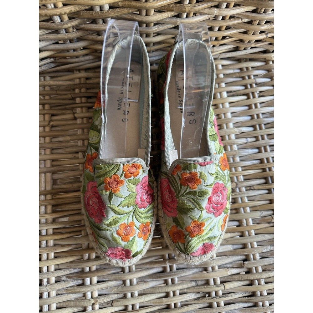 Ateliers handmade floral embroidered platform espadrille green pink orange
